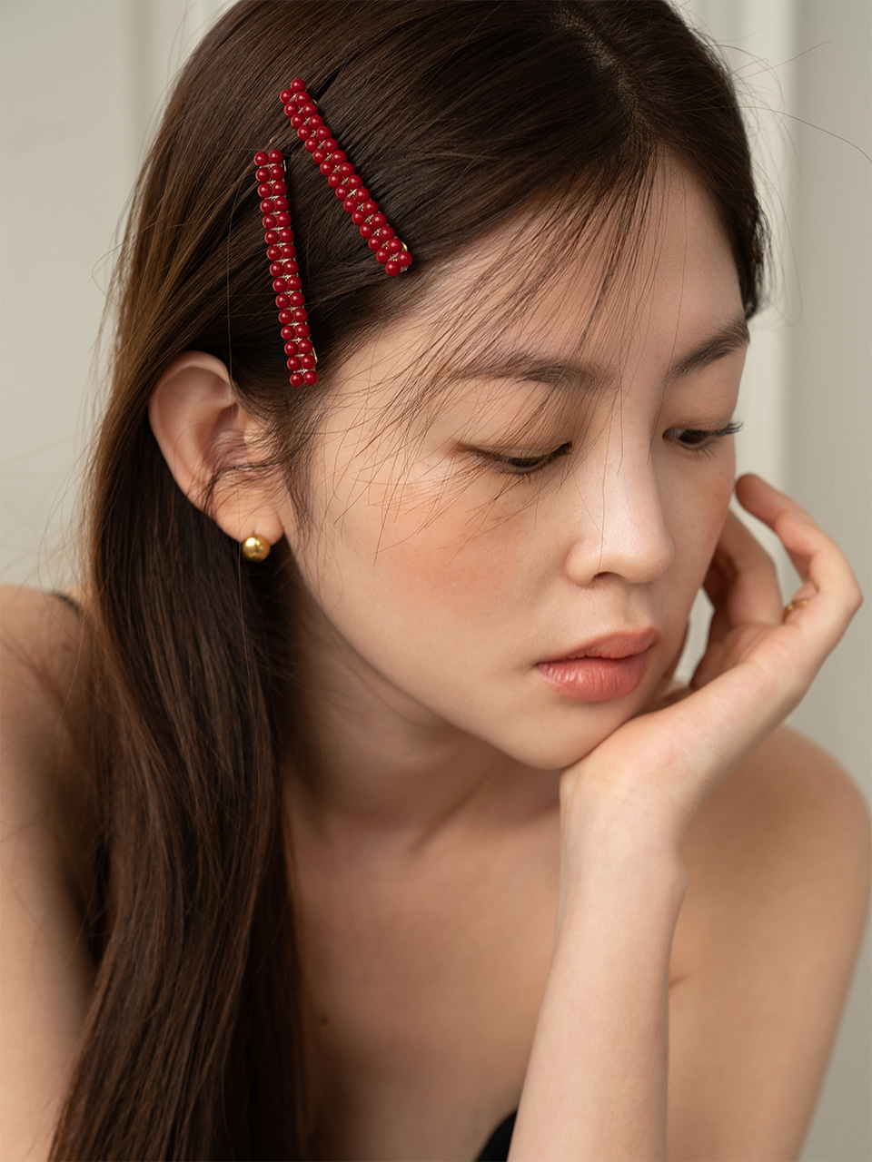 colored pearl two line hair pin (red)